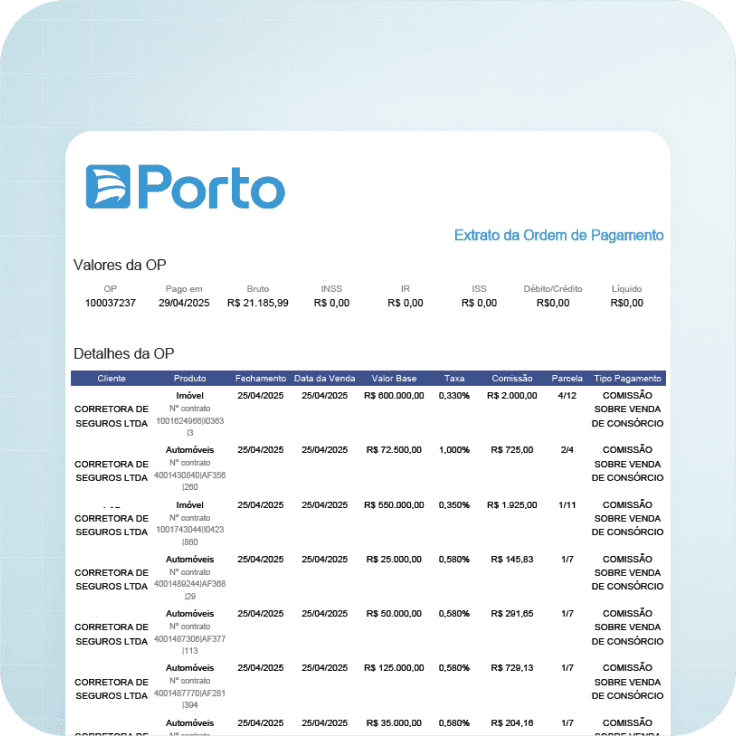 Exemplo de extrato de operação financeira da Porto Seguro - EXO Gestão